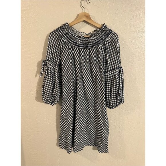 Max Edition Dresses & Skirts - Y Max Edition Gingham Plaid Smocked Black & White Puffy Sleeve Cotton Midi Dress